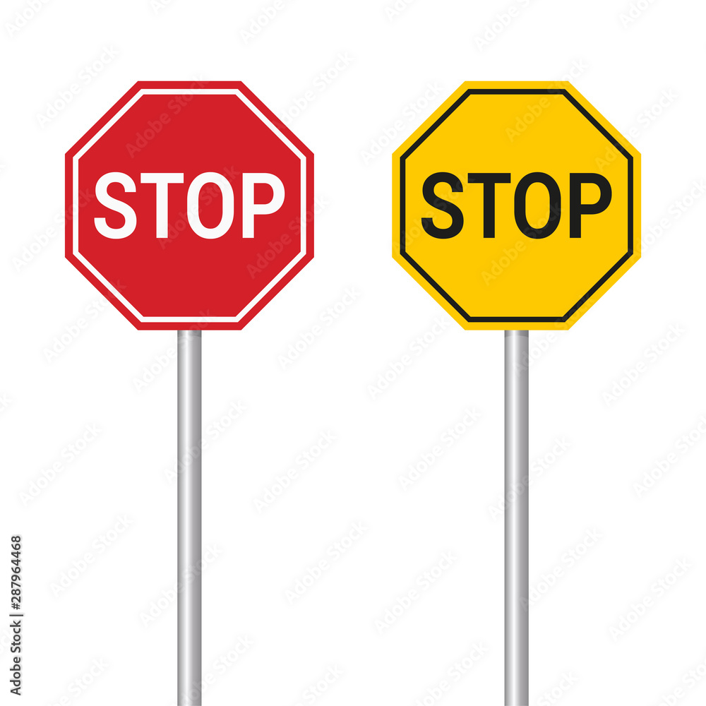 Red and yellow stop sign. Set of two vector realistic signs Red and yellow stop sign. Set of two vector realistic signs