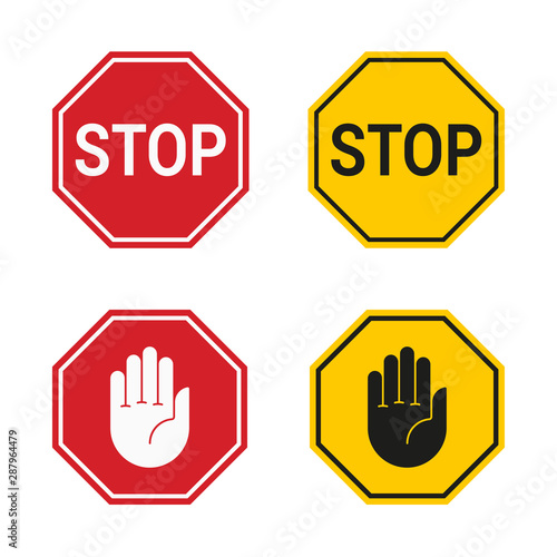Classic stop sign and stop sign with hand isolated on white background. Vector icon