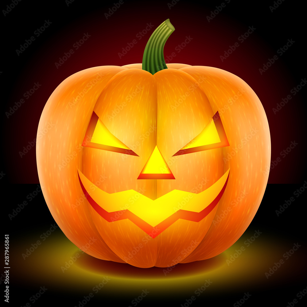 Pumpkin halloween glowing illustration isolated on a dark background. The mask is carved with a knife. Vector graphics Pumpkin halloween glowing illustration isolated on a dark background. The mask is carved with a knife. Vector graphics