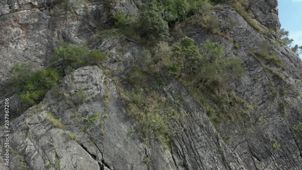 Quadcopter rises above a steep cliff covered with coniferous trees and green grass, and the view opens to a calm blue sea and blue sky with rare white clouds Quadcopter rises above a steep cliff covered with coniferous trees and green grass, and the view opens to a calm blue sea and blue sky with rare white clouds