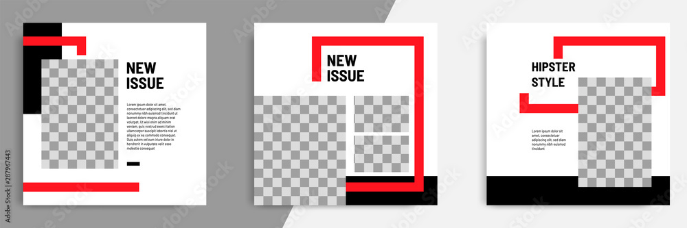 Minimal design background vector illustration in black red white frame color. Editable square abstract vintage, geometric strip line shape banner template for social media post, stories, story, flyer.