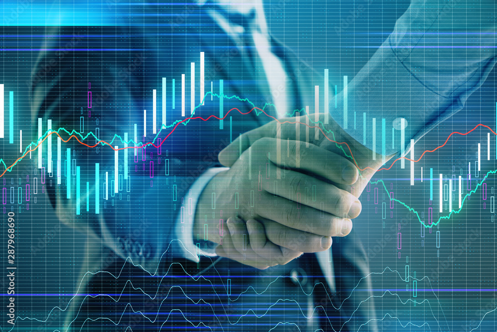 Multi exposure of forex graph on abstract background with two businessmen handshake. Concept of success on stock market Multi exposure of forex graph on abstract background with two businessmen handshake. Concept of success on stock market