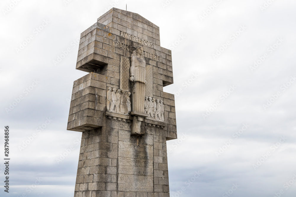 Pointe de Pen-Hir, France, monument to the Britons of Free France at a promontory on the Crozon peninsula
