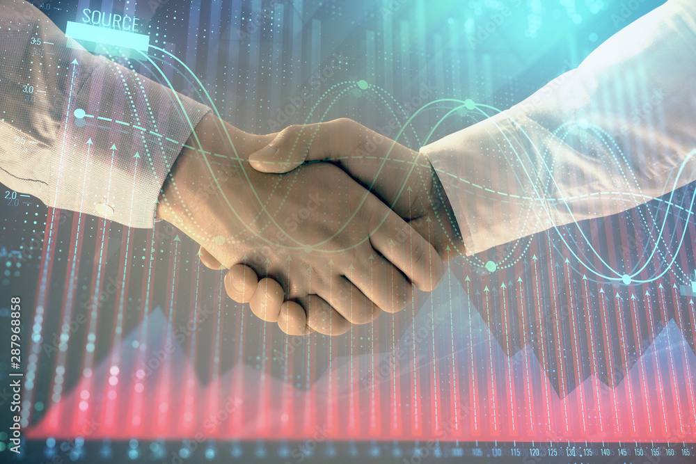Multi exposure of forex graph on abstract background with two businessmen handshake. Concept of success on stock market Multi exposure of forex graph on abstract background with two businessmen handshake. Concept of success on stock market