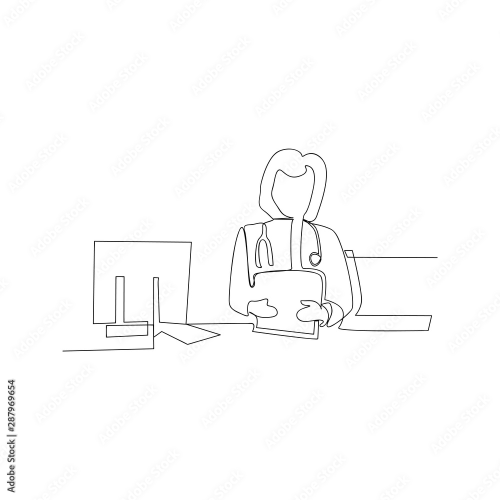 continuous line drawing of woman doctor holding a paper.. isolated sketch drawing of woman doctor holding a paper. line concept. outline thin stroke vector illustration