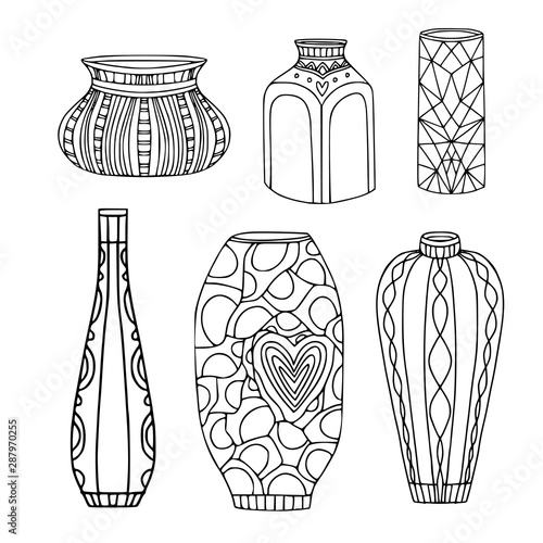 Vases vector set. Home interior decoration. Modern outline vases. Vector graphic illustrations. Isolated on white background.