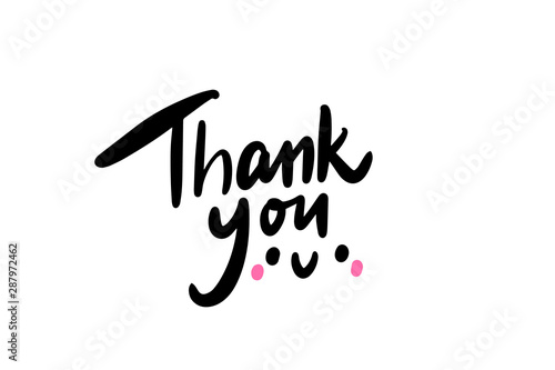 Thank you hand drawn vector lettering with smiling face cartoon style
