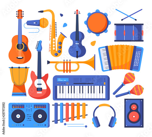 Musical instruments - colorful flat design style objects