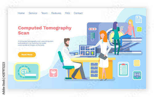 CT Computed tomography vector, clinic with new devices for diagnostics of sickness and diseases. hospital with doctor and nurse scanning patient. Website or webpage template, landing page flat style