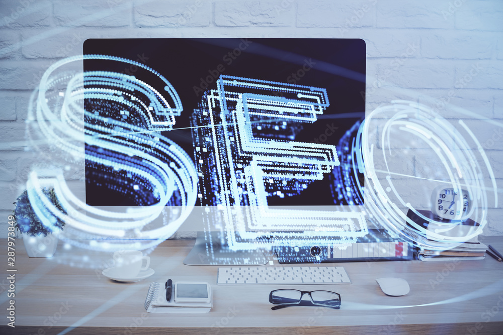 Double exposure of table with computer and seo drawing hologram. Search optimization concept. Double exposure of table with computer and seo drawing hologram. Search optimization concept.