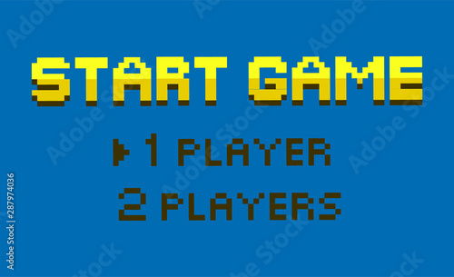 Start game vector, choice between one or two players mode, flat style option for gamers, retro pixel art gamification. Color fonts question interface. Pixelated video-game