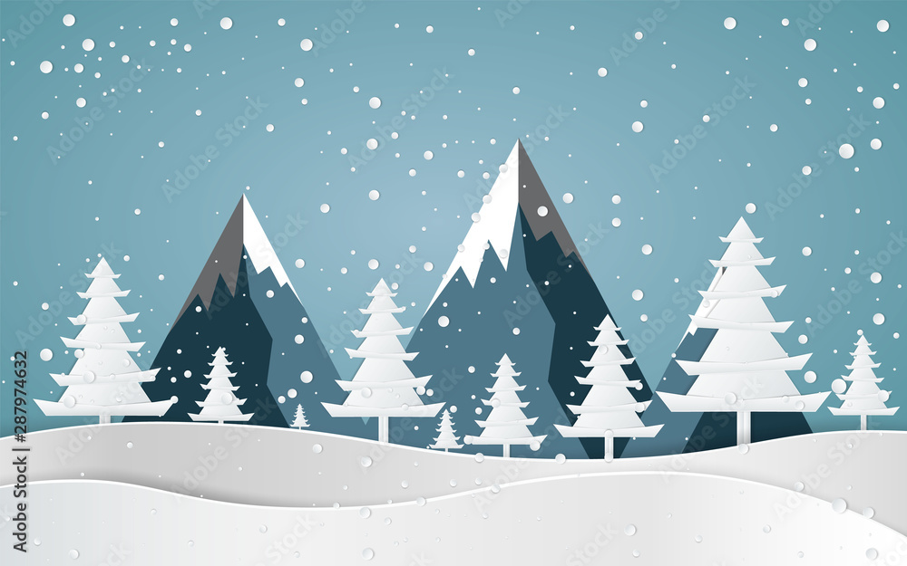 Merry christmas,Snow forest. pines in winter and mountain Paper vector Illustration Merry christmas,Snow forest. pines in winter and mountain Paper vector Illustration