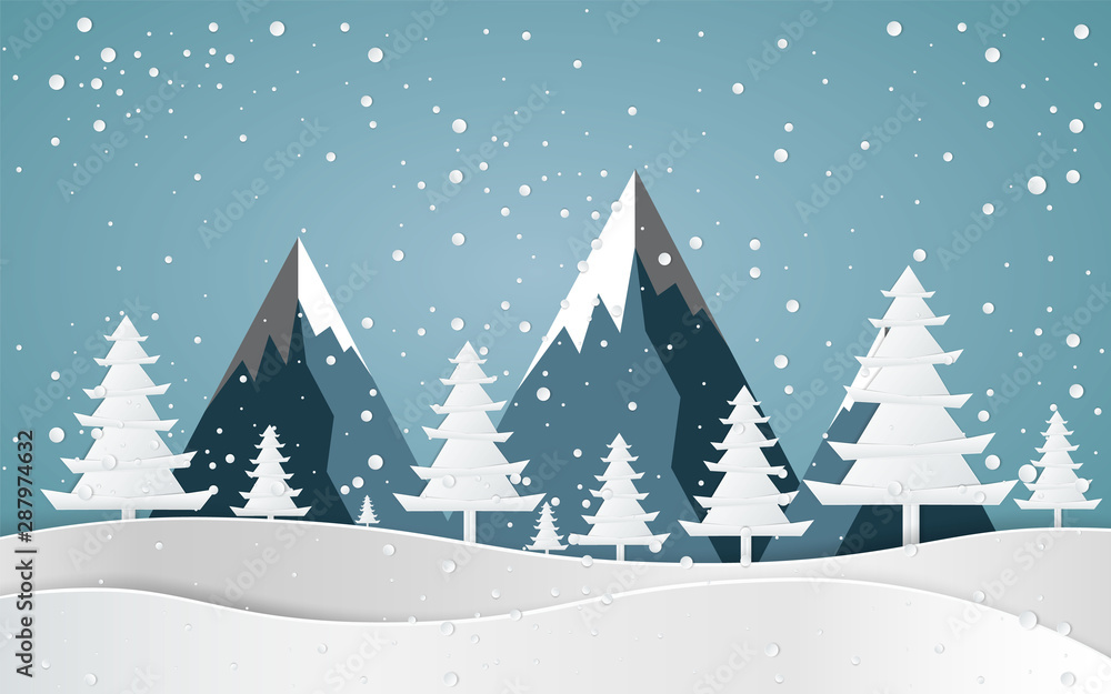 Merry christmas,Snow forest. pines in winter and mountain Paper vector Illustration