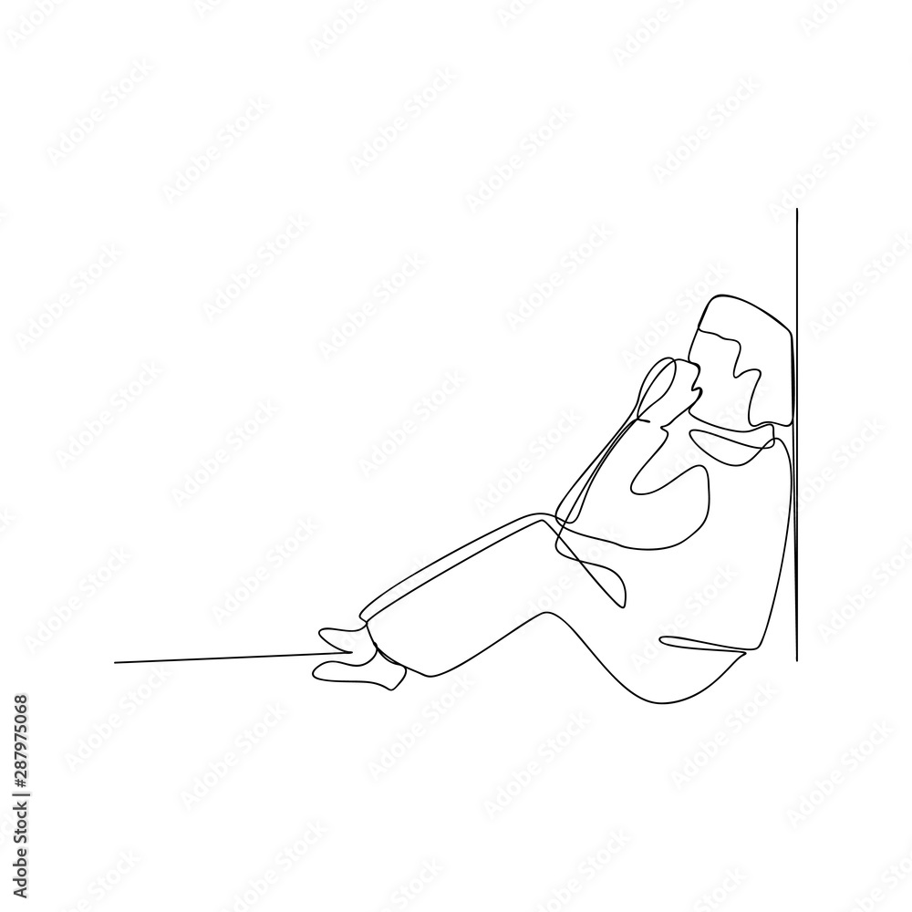 continuous line drawing of exhausted sad young man. isolated sketch