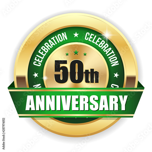Gold 50th anniversary badge with green ribbon on white background