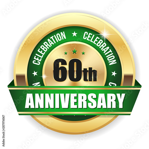 Gold 60th anniversary badge with green ribbon on white background