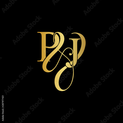 Initial letter P & J PJ luxury art vector mark logo, gold color on black background.