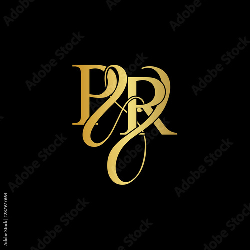 Initial letter P & R PR luxury art vector mark logo, gold color on black background.
