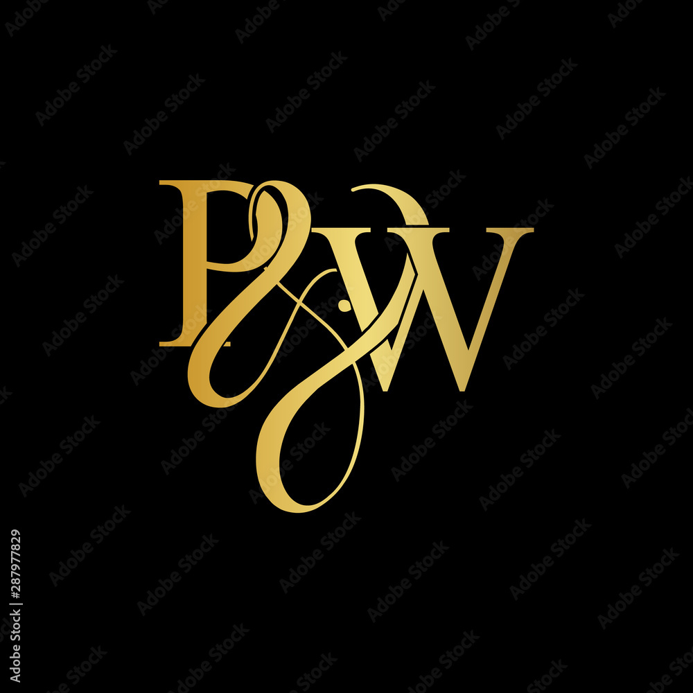 Initial letter P & W PW luxury art vector mark logo, gold color on black  background. Stock Vector
