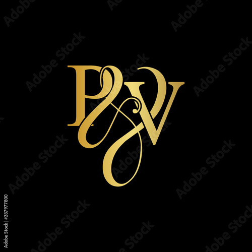 Initial letter P & V PV luxury art vector mark logo, gold color on black background.