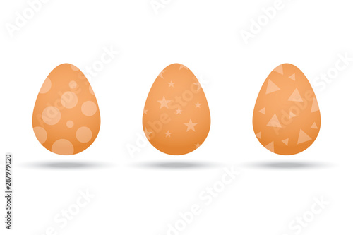 Realistic eggs with geometric patterns. Three eggs are brown. Chicken eggs for easter. Holiday boiled eggs.