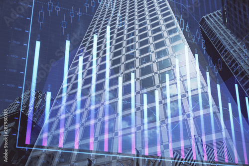 Forex chart on cityscape with tall buildings background multi exposure. Financial research concept.