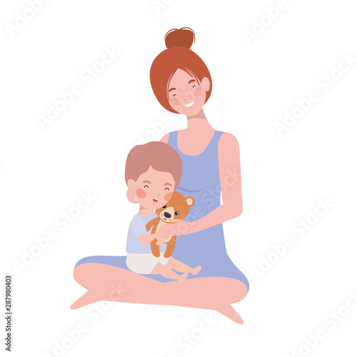 cute pregnancy mother seated with little boy characters