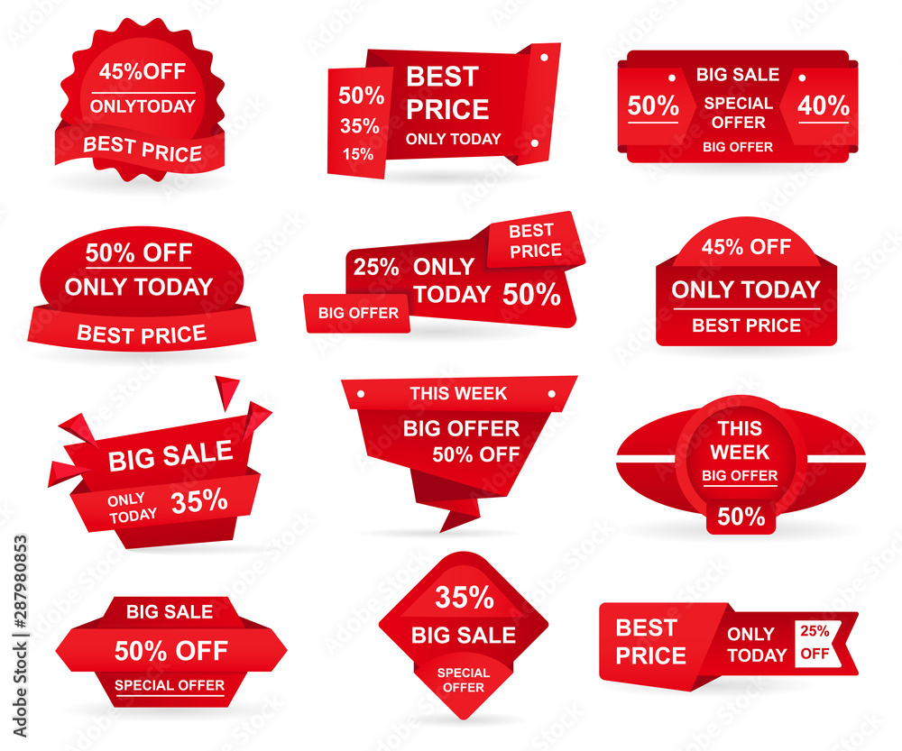 Set of retail sale tags. Stickers best offer price and big sale pricing tag  badge design. Limited sales offer label or store discount banner card  isolated. Shopping coupon. Vector illustration.