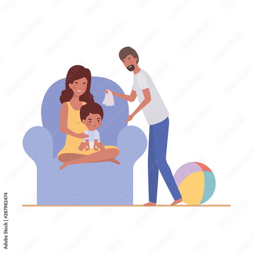 parents couple with little baby in the sofa characters parents couple with little baby in the sofa characters