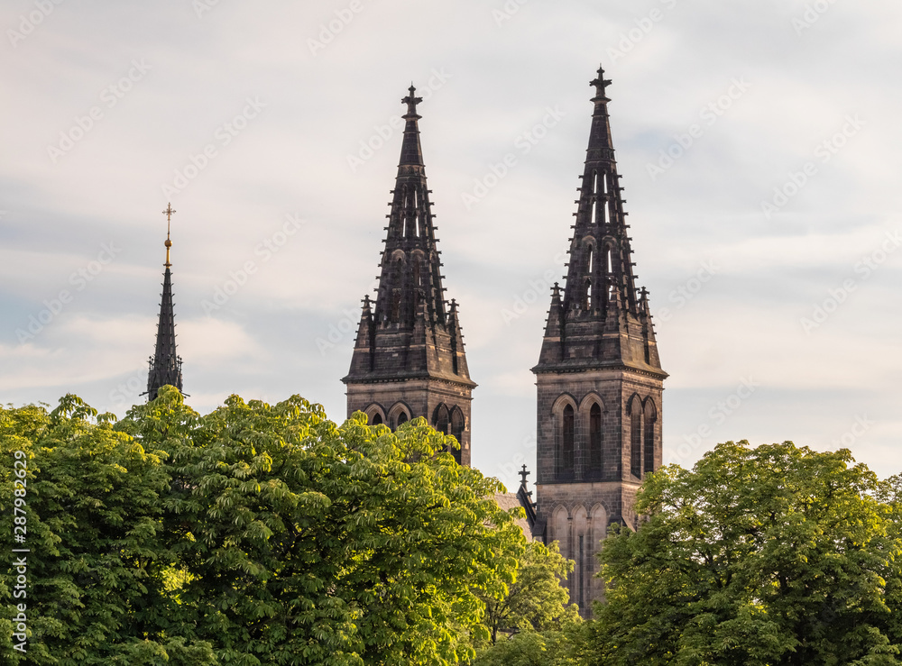 Summer view on two towers of Vysehrad church, Prague, Czechia