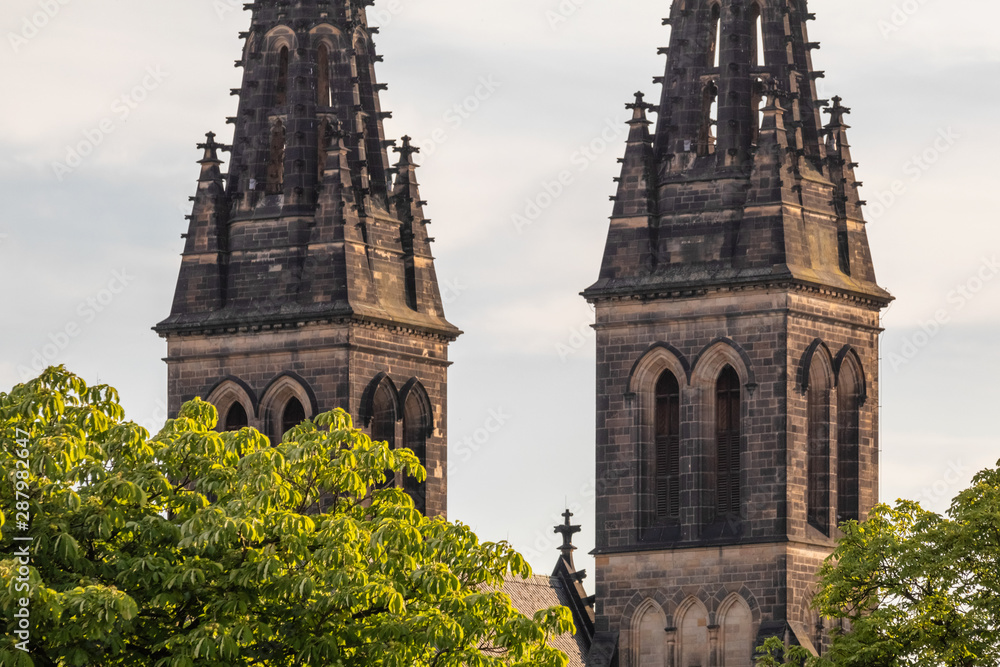 Summer view on two towers of Vysehrad church, Prague, Czechia