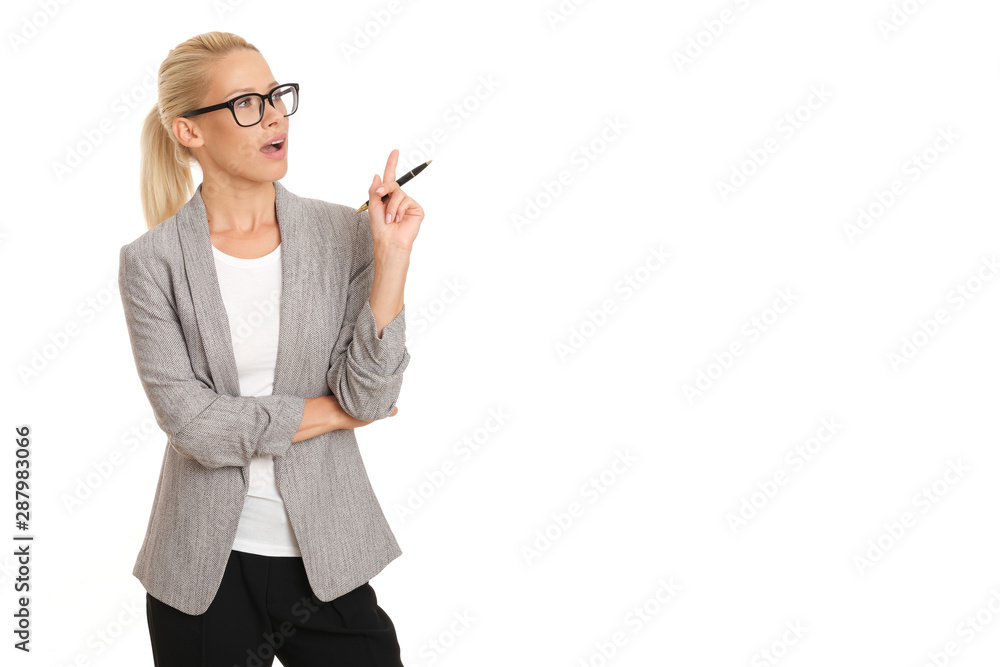 Business woman in grey jacket isolated on white background.