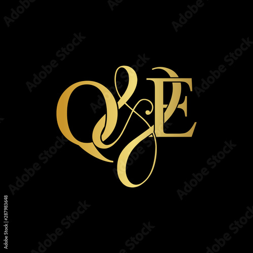 Initial letter Q & E QE luxury art vector mark logo, gold color on black background.