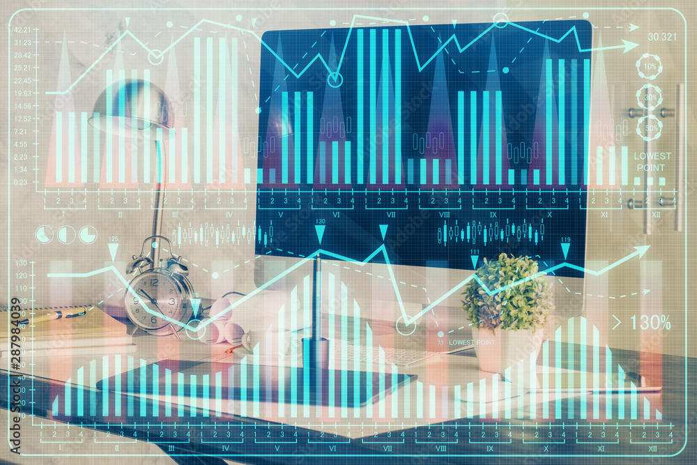 Multi exposure of forex chart and work space with computer. Concept of international online trading. Multi exposure of forex chart and work space with computer. Concept of international online trading.