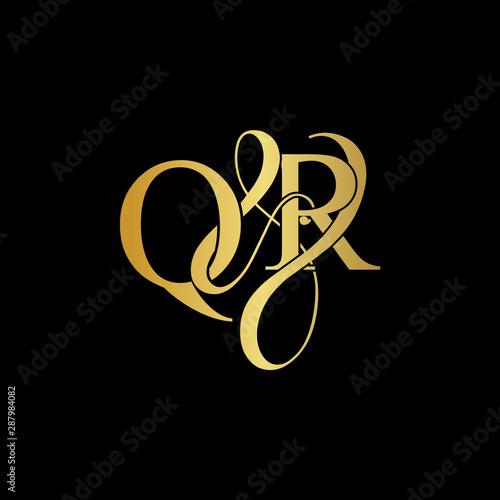 Initial letter Q & R QR luxury art vector mark logo, gold color on black background.
