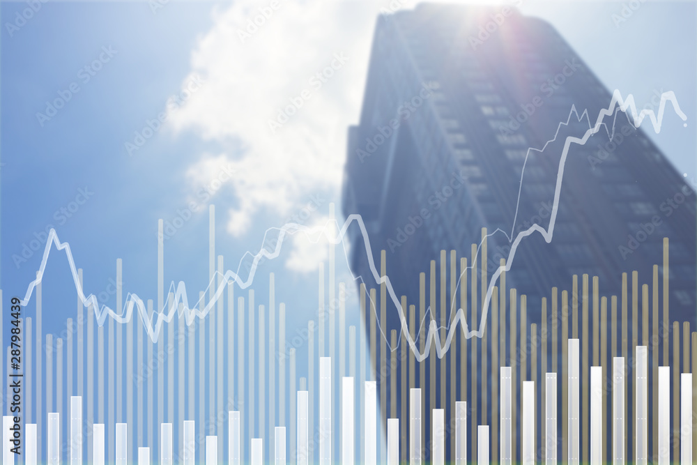 Stock market graph with volume indicator in modern business Skyscraper, concept for stock trading and financial markets