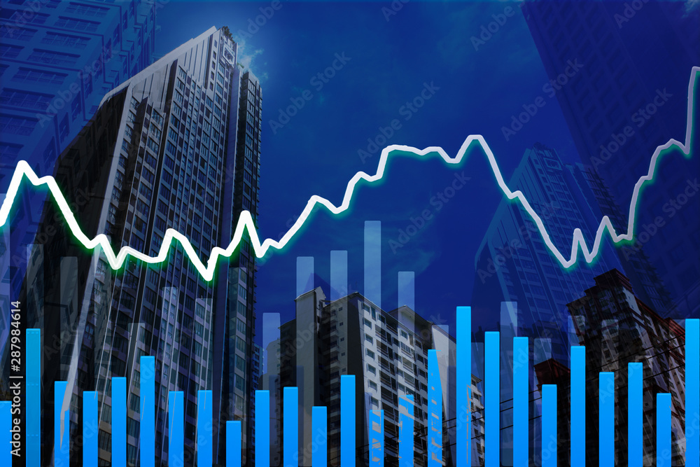Stock market graph with volume indicator in modern business Skyscraper, concept for stock trading and financial markets