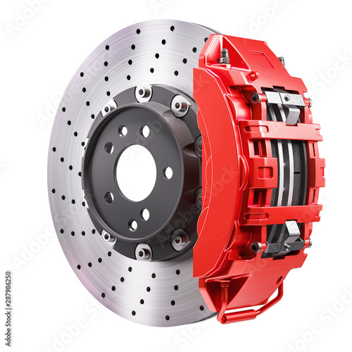 Car brakes mechanism. Disk and red caliper. 3d render