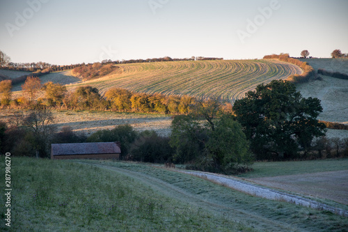 Morning frost in late autumn with fields and trees near Shenington, Oxfordshire
