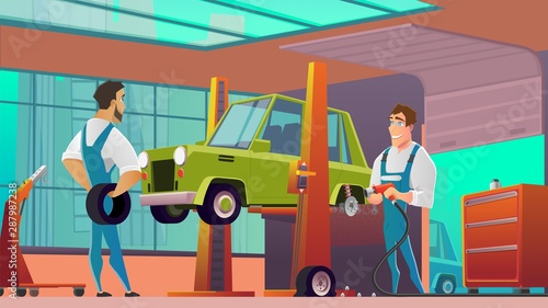 Car Service Workers at Workshop Cartoon Vector