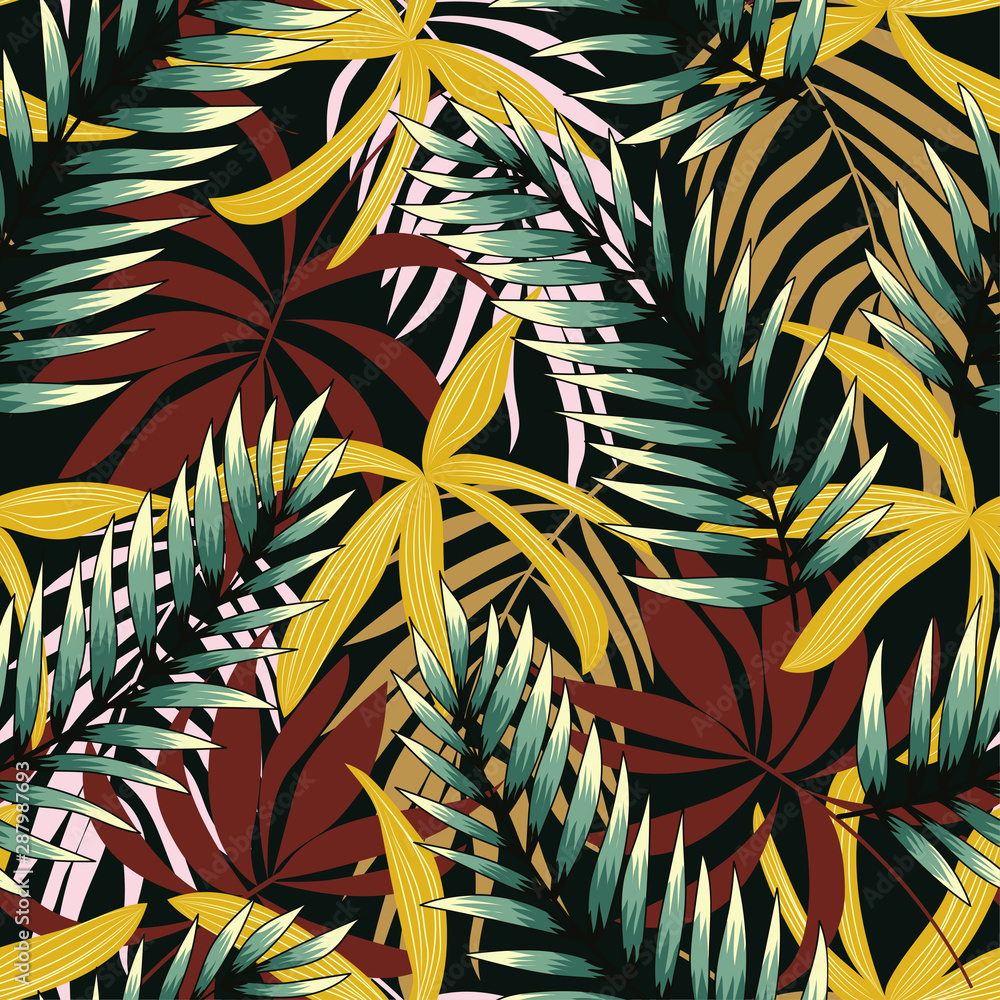 Plakat Trend pattern with yellow and black tropical plants. Stylish design, textiles, printing. Colorful print. Vector floral seamless pattern. Tropical plant.Tropical illustration.Exotic plants.