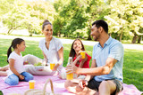 family, leisure and people concept - happy mother, father and two daughters having picnic at summer park