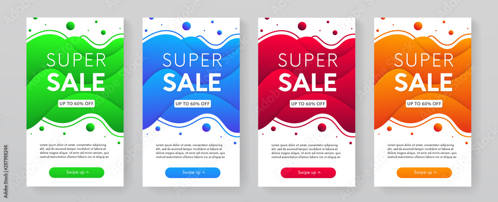 Dynamic modern fluid mobile promo banners collection. Set of trendy sale posters.