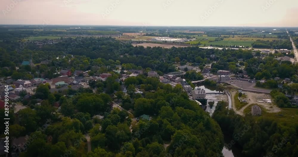 Gorgeous high aerial pan of the scenic, small town of Elora, Ontario, home of the picturesque Elora Gorge Gorgeous high aerial pan of the scenic, small town of Elora, Ontario, home of the picturesque Elora Gorge