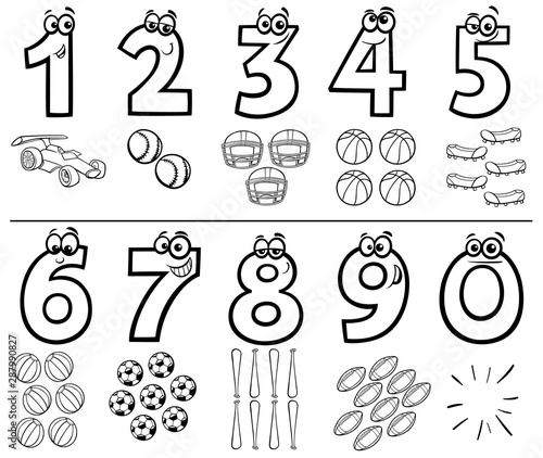 cartoon numbers set with sport objects color book