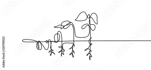 Steps growing of plant continuous one line drawing. Vector element of seed, root, sprout, and leaves. Minimal simplicity design.