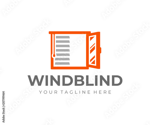 Window covering logo design. Window roller shade vector design. Window frame with horizontal striped roller blinds logotype