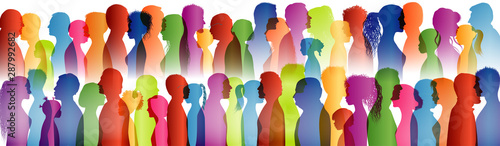 Dialogue between a large group of people. Talking crowd. Colored silhouette profiles. Many people talking. Speak. To communicate. Social network. Communication. Multi-ethnic people