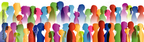 Talking crowd. Dialogue group of many people. Colored silhouette profiles. People talking. Speak. To communicate. Social network. Communication. Multi-ethnic people