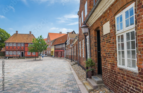 Old buildings at the central market square of Ribe, Denmark